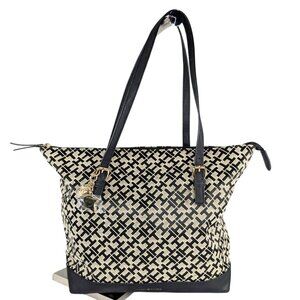 Tommy Hilfiger Black Gray Canvas Jacquard Faux Leather Large Zip Tote